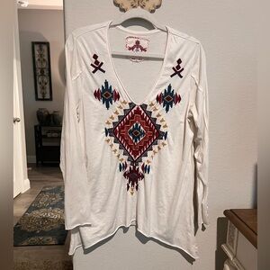 Johnny Was Joy Love Light White Long Sleeve Tribal Pattern Size L